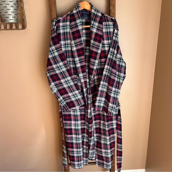 Polo Ralph Lauren Men’s Cotton Robe in Navy, Red & White Plaid Tartan - Picture 3 of 6